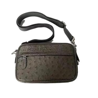 Imagem de Bolsa masculina autêntica de pele de avestruz pequena casual preta com aba única, bolsa carteiro masculina de couro exótico genuíno