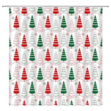 Imagem de AMFD Cortina de chuveiro Merry Christmas, vermelho, verde, árvore de Natal, floco de neve, desenho animado, rústico, inverno, férias, conjunto de tecido decorativo inclui ganchos, (177,8 cm x 177,8 cm