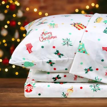 Imagem de Hitime Jogo de lençol de Natal tamanho casal com 4 peças - Lençóis de cama de poliéster ultramacio e respirável, roupa de cama refrescante para todas as estações com bolsos profundos, resistente a