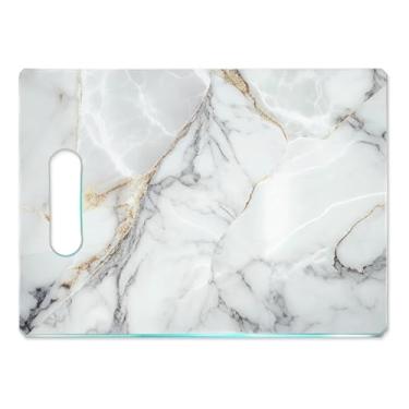 Imagem de Tábua de Carne de Vidro 35x25 - Efeito Mármore - Branco e Dourado