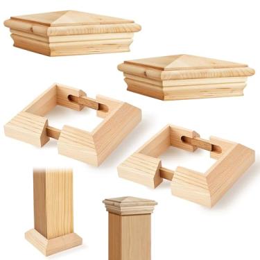 Imagem de CroBlissful 2 conjuntos de cobertura de base de postes de deck 4 reais 3,5 x 3,5 suportes de base de saias de poste com 2 peças de tampa de madeira para cercas ao ar livre caixas de correio trilhos