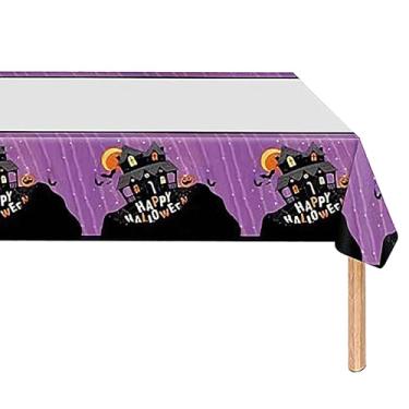 Imagem de CPCOIN Toalha de mesa de Halloween descartável Happy Halloween Castle Bat toalha de mesa retangular à prova de vazamento para festa de vampiros, uso interno e externo, roxo 137 x 221 cm