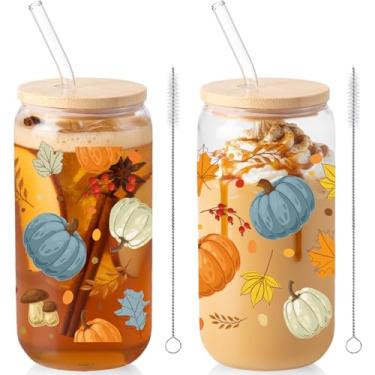 Imagem de Sliner 2 peças de copos de vidro de outono, folhas de bordo, copo para beber, presentes de Ação de Graças, xícara de café gelado de 473 ml com tampa, escova de limpeza de palha para decoração de