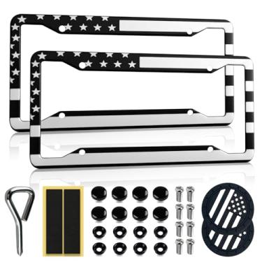 Imagem de Pacote com 2 molduras de placa de carro com bandeira americana da OLLEN em liga de alumínio, protetor de suporte de etiqueta de carro patriótico dos EUA, com ferragens de montagem, tampas antifurto, 8