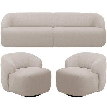 Imagem de Sofá 3 Lugares Curvo Orgânico com 02 Poltronas Para Sala Living 250cm Barolo L06 Bouclê Bege - Lyam Decor