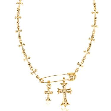 Imagem de KMYLINKER Colar Faith Cross para mulheres, colar de alfinete de segurança, prata, cromo, coração, cruz dupla, Y2K, joia punk gótica para mulheres e homens (ouro)