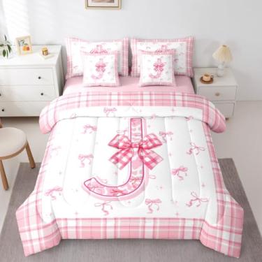 Imagem de Conjunto de edredom feminino com laço rosa, 7 peças, solteiro, letras do alfabeto, J, para crianças, meninos, meninas, adultos, princesa fofa, com laço e lençóis, conjunto de cama personalizado com nó