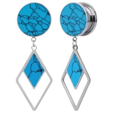 Imagem de POBAISITER 2 peças de brincos de alargadores de orelha e alargador de túneis de textura turquesa com ajuste de parafuso fofo para mulheres, piercing corporal, 8mm(0g), Aço inoxidável, Arenito