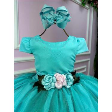 Imagem de Vestido Infantil Daminha Midi Flores Verde - Confeccionado em Tule e T