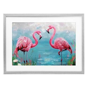 Imagem de Stupell Industries Flamingo Lagoon Duo Impressão emoldurada cinza sob vidro, design por LSR Design Studio, 14 x 20