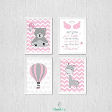 Imagem de Quadro Decorativo Infantil Ursinho, Balão, Girafa e Oração Santo Anjo 