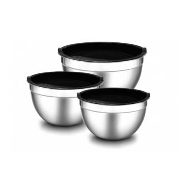 Imagem de Kit 3 Conjunto de Bowls Tigelas de Inox com Tampa Hermética | 3 Tigelas de Aço Inoxidável Empilháveis 1,5L 2L 3L | Tigela de Cozinha Premium para Salada Massa Mistura e Armazenamento - Premium®