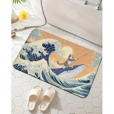 Imagem de Tapete de banho engraçado de gato montando tubarão, tapetes de banheiro com ondas do oceano japonês, tapete absorvente para banheiro, banheira, quarto, sala de estar, 43 x 74 cm