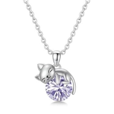 Imagem de Colar com pingente de gato de cristal, corrente de prata com design de gato dormindo, 45 cm de comprimento, Adjustable, Aço inoxidável, Zircônia cúbica