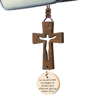 Imagem de Cruz para acessórios de pendurar espelho de carro com versículo da Bíblia - Digitalize o telefone para versos diários da Bíblia - Acessórios para pendurar espelho retrovisor - Ornamento de cruz de
