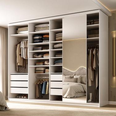 Imagem de Guarda-roupa Closet Casal 100% Mdf Bp 277,7cm com 1 Porta Espelho 6 Gavetas Sion Branco