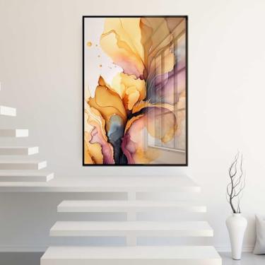 Imagem de Quadro Decorativo com Moldura e Acrilico Cristal Vidro Abstrato Mármore Moderno Tom Quente Sala Quarto Hall