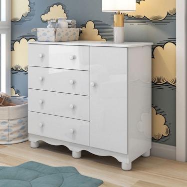 Imagem de Cômoda Infantil Júnior New 1 Porta 4 Gavetas 100% Mdf Branco Brilho - Móveis Peroba