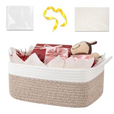 Imagem de OIASKET Cesta de armazenamento de tecido com saco de presente, fita e papel de embrulho, cestas vazias para presentes, pequenas cestas de corda com alças para berçário, organizador de brinquedos para