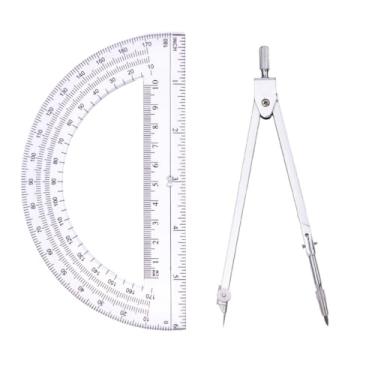 Imagem de Conjunto de matemática de geometria estudantil, bússola de desenho e transferidores de braço oscilante transparente de 15 cm transferidor de matemática de 180 graus (argento, clássico)