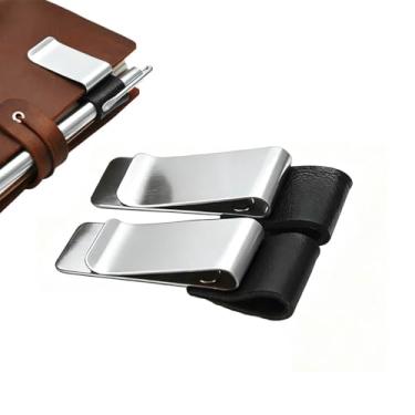 Imagem de Clipes retrô de couro sintético para caneta de metal, alça para notebook, clipe de latão com suporte de caneta de couro para cadernos, agenda de diários (2 peças, prata, preto)