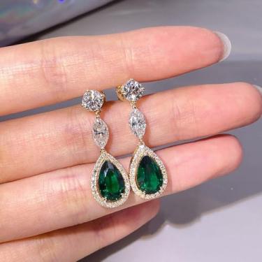 Imagem de Brincos elegantes pendentes de zircônia cúbica verde gota d'água cor dourada para mulheres, 1.34, Latão, Zircônia cúbica