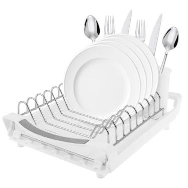 Imagem de Escorredor de pratos expansível, escorredor de pratos compacto de aço inoxidável com suporte de talheres removível, rack de pratos à prova de ferrugem que economiza espaço, escorredor de cozinha para