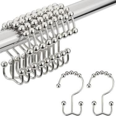 Imagem de Ganchos de cortina de chuveiro, anéis de ganchos de cortina de chuveiro, anéis de metal resistente à ferrugem, ganchos de chuveiro deslizantes duplos para cortinas de varões de chuveiro de banheiro