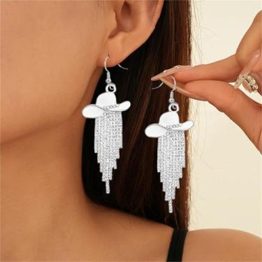 Imagem de Brincos pendentes com borla de strass e chapéu esmaltado de cowgirl ocidental para shows country brilhantes rodeio cowboy roupas joias presente, Middle, Liga de aço, Sem pedra preciosa