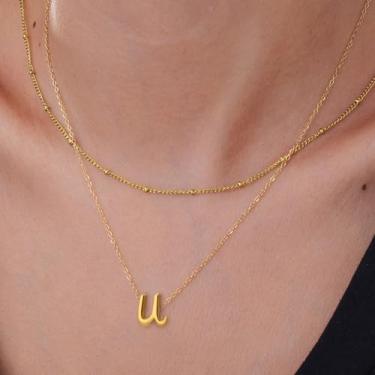 Imagem de Colar com pingente de inicial personalizado com iniciais a-z, corrente de camada dupla, comprimento ajustável de 36 + 40 + 5 cm, minimalista para mulheres, 14+2in/16+2in, Aço inoxidável, Sem Pedra