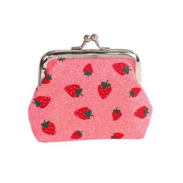 Imagem de Mini porta-moedas com estampa de morango, estilo desenho animado, material de poliéster, leve, forro sem forro, bolso para moedas, lavável na máquina, Rosa escuro, Portátil