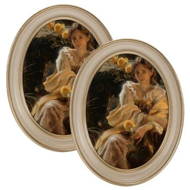 Imagem de eletecpro Conjunto de 2 porta-retratos vintage 12 x 18 cm com capa de vidro real, moldura oval ornamentada, exibição de 12 x 18 cm para pendurar na mesa ou na parede, decoração de casa branca para