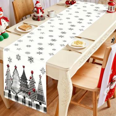 Imagem de Caminho de mesa de Natal, linho buffalo, xadrez, flocos de neve, árvore de Natal, decoração de mesa com tema de Natal para casa, cozinha, jantar, festa