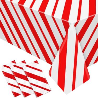Imagem de Frienda Pacote com 3 toalhas de mesa de Natal listradas vermelhas e brancas, 277 x 137 cm, cana de doce, descartável, retangular de Natal, capa de mesa de plástico impermeável para festa de Natal
