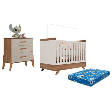 Imagem de Berço Americano Retro Vitória E Cômoda Gaveteiro Infantil Emilly Off White Carvalho Colchão