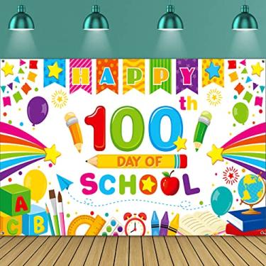 Imagem de 100 Days of School Decoration Banner Happy 100th Day of School Party Backdrop Photography Background for Kids Student Kindergarten Preschool Primary School Party, 72.8 x 43.3 Inch (White)
