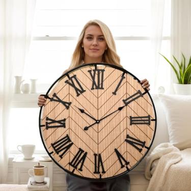 Imagem de EMAX HOME Relógio de parede grande de madeira de 76 cm – Relógio de parede extra grande com algarismos romanos 3D e emenda de espinha de peixe, relógio de parede de madeira moderno marrom para sala de