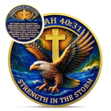 Imagem de Moeda de Desafio Cristão Wings Like Eagles - Isaiah 40:31 Religioso Jesus Copper Token - Art God Pocket Bible Verses Coins for Study - Good Luck Cross Presentes comemorativos para homens, mulheres e