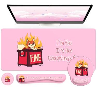 Imagem de iCasso Conjunto de tapete de mesa, descanso de pulso ergonômico para teclado e mouse, acessórios engraçados de mesa de lixo, lindo mouse pad rosa para mulheres e meninas, tapete protetor de mesa