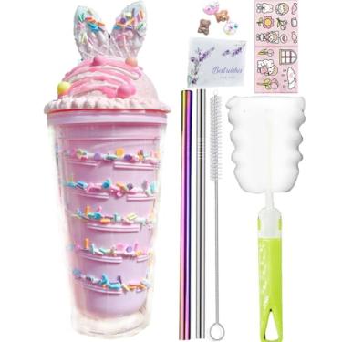 Imagem de Copos de viagem de unicórnio de chocolate com canudos, sorvete, coelhinho, garrafa de água, orelha de biscoito, caneca de café, copo de plástico reutilizável, presente de aniversário (coelho de