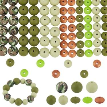 Imagem de SOFPLATE 100 peças, 8 estilos, contas de silicone verde, chaveiro, espaçador, contas, camuflagem, bola redonda, lentilha, 15 mm/12 mm, kits de espaçadores lisos soltos para chaveiros, canetas, colares
