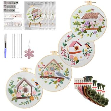 Imagem de Huacan Kits de bordado para adultos, estampa de flores estampadas para iniciantes, 4 peças, kit de costura de ponto cruz faça você mesmo, 19 x 19 cm