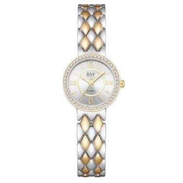 Imagem de BOSHIYA Relógios femininos com aço inoxidável dourado, relógio feminino de luxo com pequenas escritas, relógios de pulso femininos, à prova d'água, elegante, quartzo, analógico, feminino