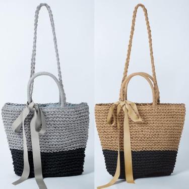 Imagem de Mulheres praia bolsa de ombro palha artesanal splice cor fita juventude portátil férias verão tecido saco cinza/camelo