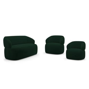 Imagem de Kit 02 Poltronas Giratória E 01 Sofá Orgânico Glee 03 Lugares 170cm Veludo Verde Escuro - Abmaza