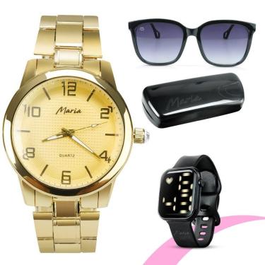 Imagem de Oculos Sol + Relogio Dourado + Relogio Feminino Banhado Aço Casual Led Social Original Digital Case