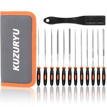 Imagem de KUZURYU Conjunto de lixa de agulha de 14 peças – Arquivos pequenos de diamante com 6 limas de joalheiro e 6 limas de aço para artesanato, joias, plástico, madeira e metal – com bolsa de armazenamento