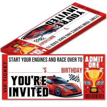 Imagem de MQCLYSG Convites de festa de aniversário de carro de corrida pacote com 20 convites vermelhos para bilhetes de carro de corrida com envelopes cartões para festa de aniversário