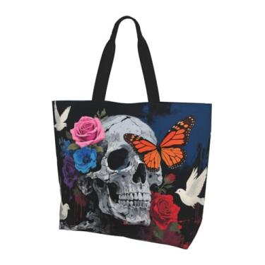 Imagem de OLUSENMO Bolsa de ombro grande, durável, reutilizável, ecológica, leve, elegante para uso diário 40 x 40 x 15 cm, Eternal Bloom Skull & Wings of Legacy, Large