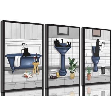 Imagem de 3 peças de arte de parede em tela de gato azul engraçado gato preto fofo na banheira e vaso sanitário, pintura de parede, pôster impresso, arte para banheiro, banheiro, decoração de casa sem moldura